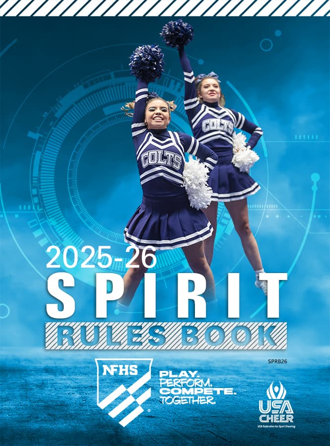 Two cheerleaders in blue uniforms perform with pom-poms. Text: "2025-26 Spirit Rules Book, NFHS, USA Cheer." Blue background with digital design.